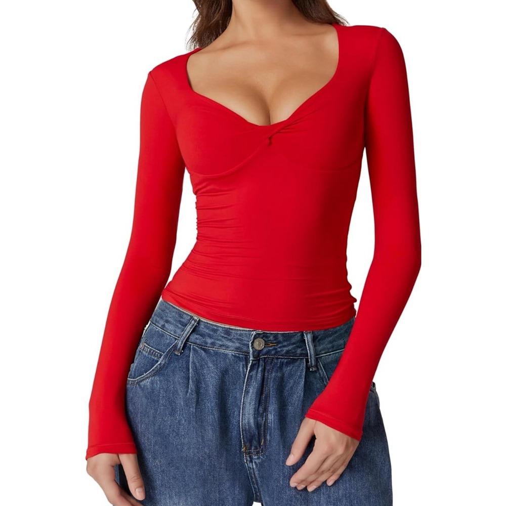 QINSEN Womens Long Sleeve Twist Front V‎ Neck T Shirts Double Lined Slim Sz M